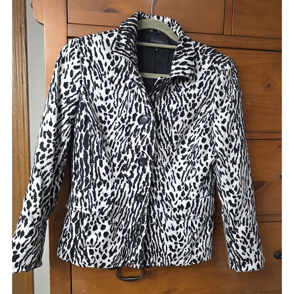 Talbots Animal Print Blazer Size 6  Black White Button Safari Classic Office